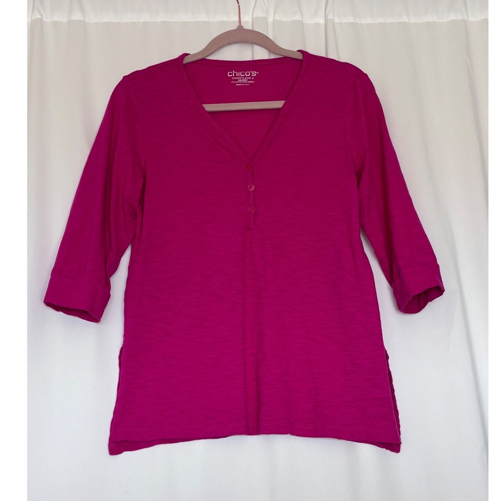 Chicos Magenta Pink Slub Knit Henley V-Neck 3/4 Sleeve Top Size 0 Small